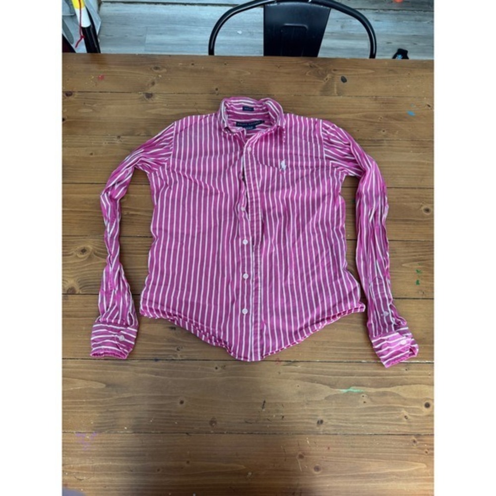 Ralph Lauren Kids Pink White Stripe‎ Slim Fit Button Down Shirt Size 4